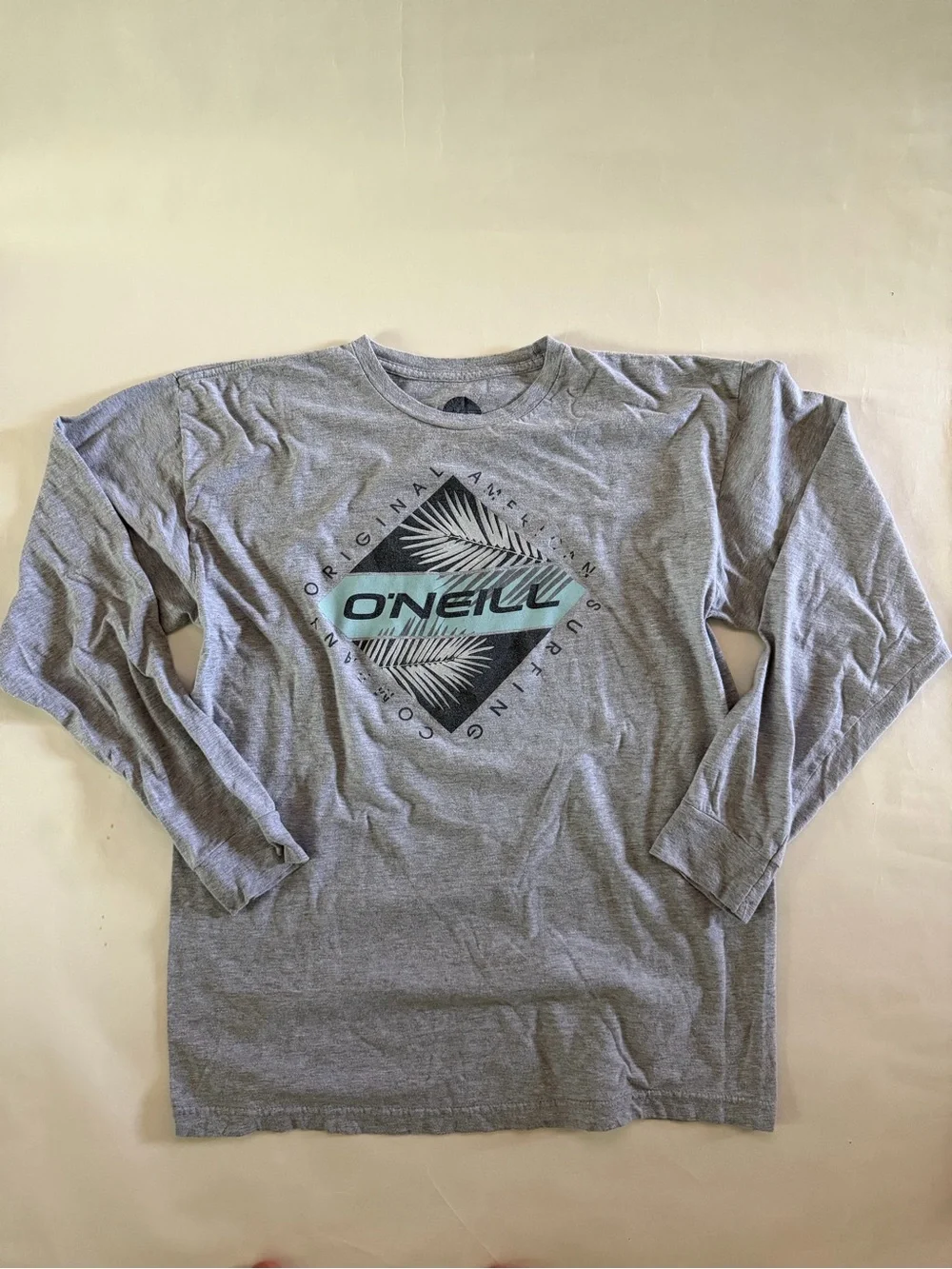 O'Neill Gray Long Sleeve Tee with Teal and Black Palm Graphic